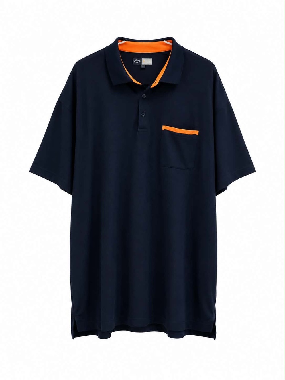 Callaway opti-dri Moisture Wicking Navy Blue Polo w Bright Orange Trim